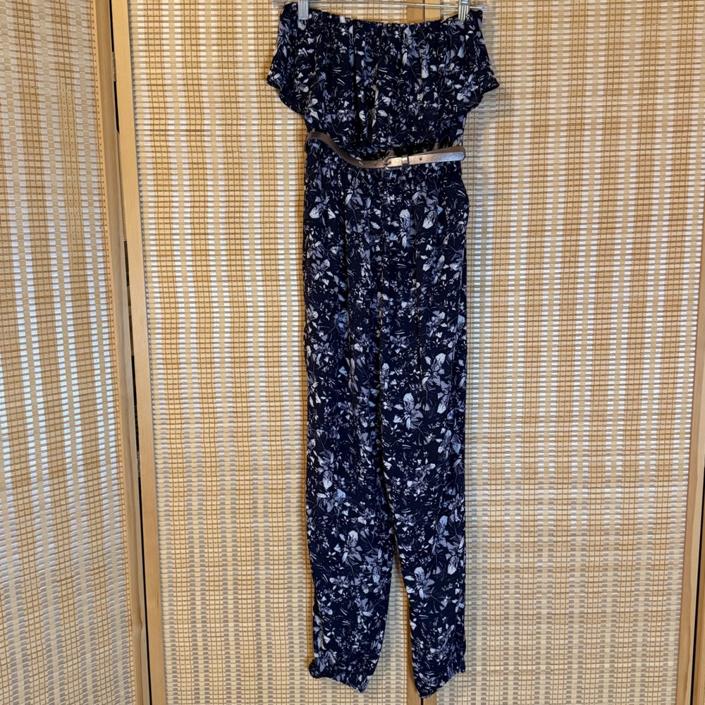 Princess Vera Wang Floral Off the Shoulder Jumpsuit Navy White Tropical Belted M